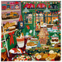 The Holiday Bakery 1000 Piece Puzzle by eeBoo Piece & Love features pastries, bread, cakes, a gingerbread house, festive decor, a sleeping dog in a basket, and snowy windows for a cozy holiday vibe.