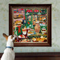 A dog admires holiday breads and pastries in a festive English cottage bakery, shown in the Holiday Bakery 1000 Piece Puzzle by eeBoo Piece & Love, framed on a floral wallpapered wall.