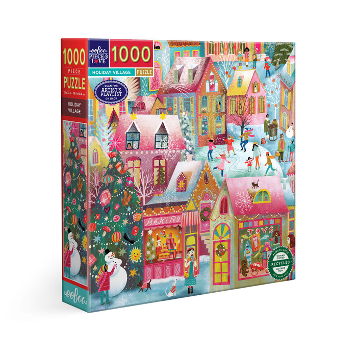 The eeBoo Piece & Love Holiday Village 1000 Piece Puzzle features a festive snowy scene with houses, ice skaters, decorated trees, a bakery, toy shop, and snowmen—all crafted from sustainably sourced materials.