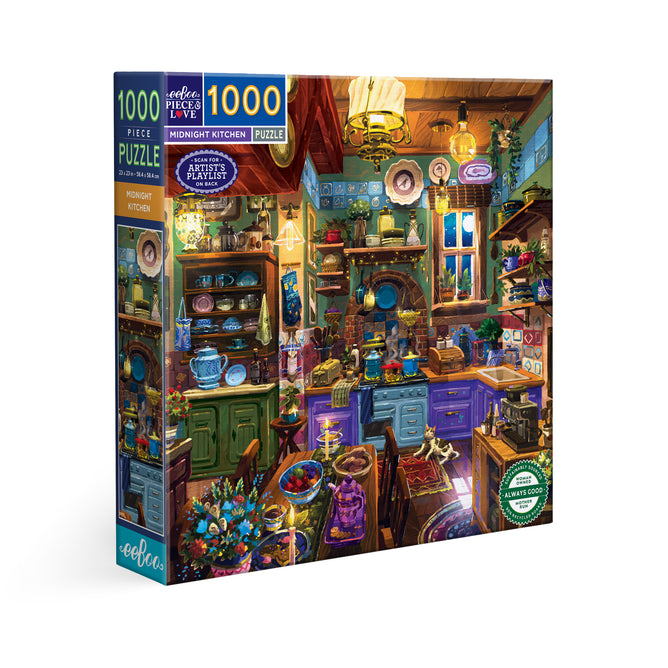 The Midnight Kitchen 1000 Piece Puzzle by eeBoo Piece & Love showcases a whimsical kitchen scene with vintage decor and bright cabinets, beautifully illustrated by Alfred Fernandes.
