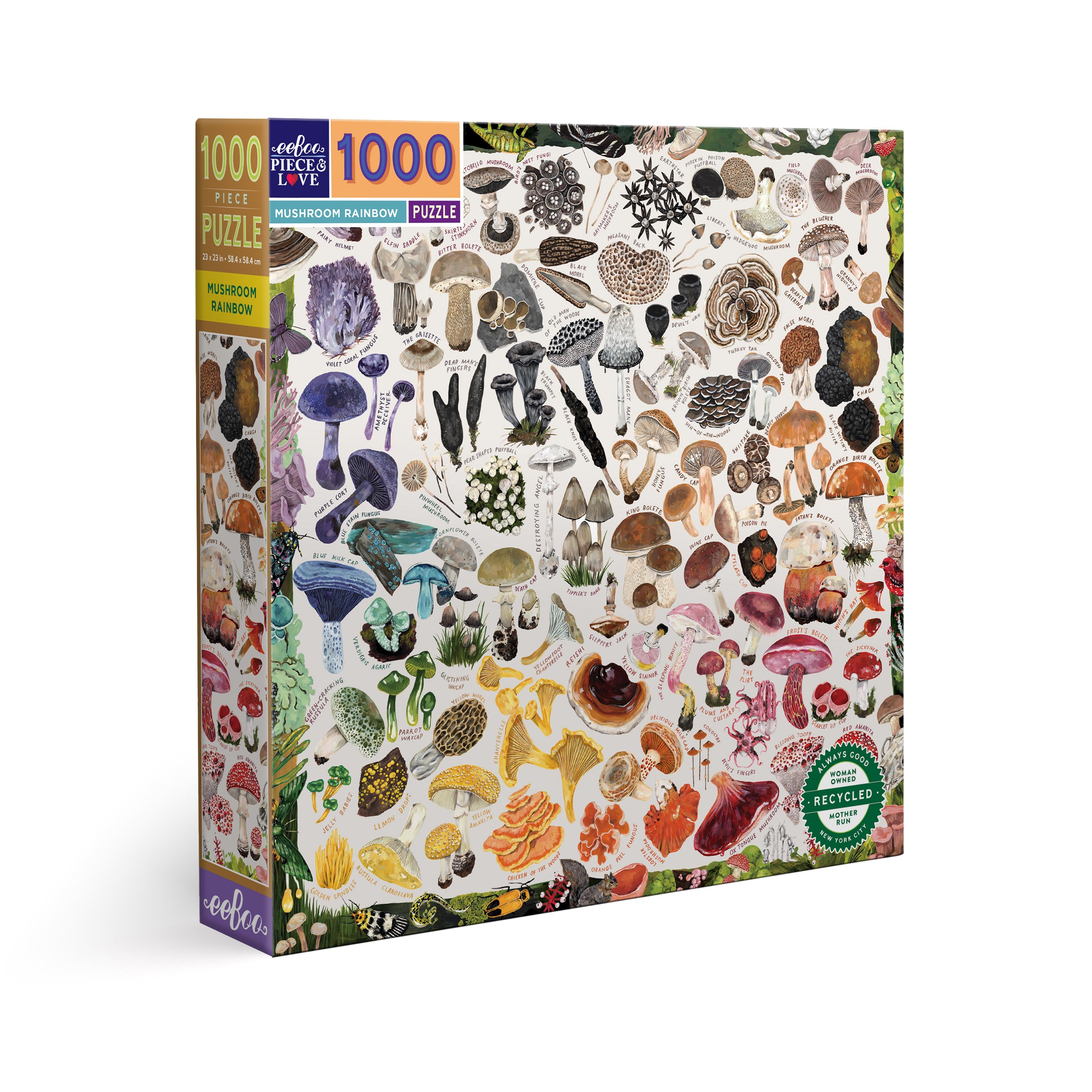 The Mushroom Rainbow 1000 Piece Jigsaw Puzzle by eeBoo Piece & Love features vibrant mushroom illustrations in a grid pattern, all packaged in a recycled-material box.