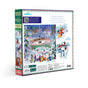 The New York City Skaters 1000 Piece Puzzle by eeBoo Piece & Love features a vibrant scene of people ice skating in Central Park, with snowy skyscrapers and trees. Puzzle details and a poem appear on the box side.