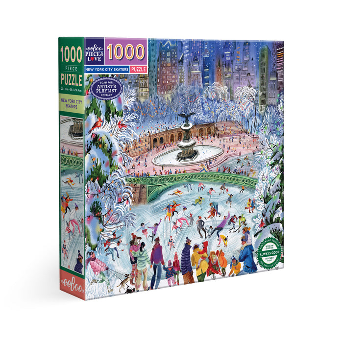 The New York City Skaters 1000 Piece Puzzle by eeBoo Piece & Love features a vibrant winter scene of people ice skating in snowy Central Park, surrounded by trees and skyscrapers.