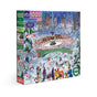 The New York City Skaters 1000 Piece Puzzle by eeBoo Piece & Love features a vibrant winter scene of people ice skating in snowy Central Park, surrounded by trees and skyscrapers.