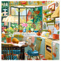 Enjoy eeBoo Piece & Love’s Springtime Kitchen 1000 Piece Jigsaw Puzzle, featuring a bright kitchen scene with floral décor, a red house outside the window, a cat on the table, and a dog on a chair soaking in sunny charm.