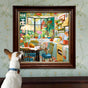 A dog with a blue collar gazes at the eeBoo Piece & Love Springtime Kitchen 1000 Piece Jigsaw Puzzle, featuring two dogs by a table amid flowers, food, and plants in a vibrant kitchen, with a garden visible through the window.