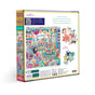 The back of the eeBoo Piece & Love Sweet Shoppe 1000 Piece Puzzle box showcases Emily Sutton's vibrant candy shop scene, with jars, sweets, customers, sample pieces, and detailed info—all on recycled board.