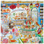The Sweet Shoppe 1000 Piece Puzzle by eeBoo Piece & Love features a vibrant candy store scene with jars, lollipops, treats, and a reversed CONFECTIONERS sign. Made from quality recycled board for eco-friendly puzzling fun.