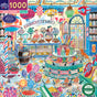 Colorful illustration of a vintage candy shop with jars of sweets, lollipops, chocolates, and two people behind the counter. The Sweet Shoppe 1000 Piece Puzzle by eeBoo Piece & Love is made from recycled board.