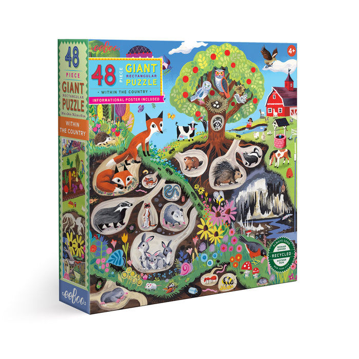 The eeBoo Piece & Love Within the Country 48 Piece Giant Puzzle features colorful animals above and below ground, a tree, farm scenes, and a red barn—an eco-friendly, educational floor puzzle perfect for young learners.