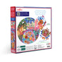 The back of the Christmas Cookies 500 Piece Puzzle by eeBoo Piece & Love features Hazel Jarvis’s festive art with a golden dog, gingerbread treats, a poem, puzzle preview, and product info.