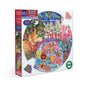 The Christmas Cookies 500 Piece Puzzle by eeBoo Piece & Love features Hazel Jarvis’s festive watercolor art of a dog, ornaments, and cozy holiday scenes in a round box.