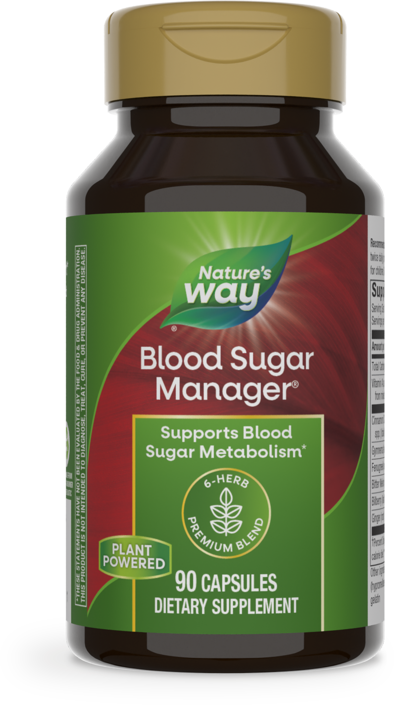 Nature’s Way Blood Sugar Manager is a dietary supplement featuring 90 capsules with a 6-herb blend, including gymnema extract, to support blood sugar and carbohydrate metabolism using plant-based ingredients.
