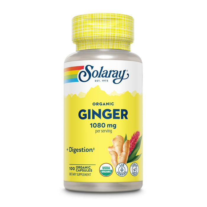 A bottle of Solaray Organic Ginger dietary supplement, 1080 mg per serving, with a yellow label featuring ginger root and flowers. The bottle contains 100 organic capsules and displays USDA Organic certification.