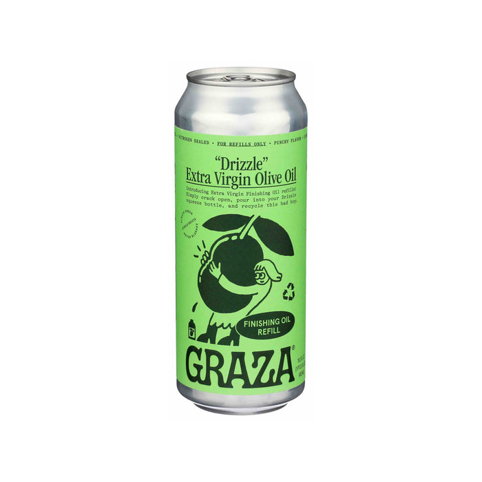 A tall can of Graza “Drizzle” Extra Virgin Olive Oil with a green label featuring bold black text and an illustration of a hand pouring olive oil on a salad. The can is labeled as a finishing oil refill.