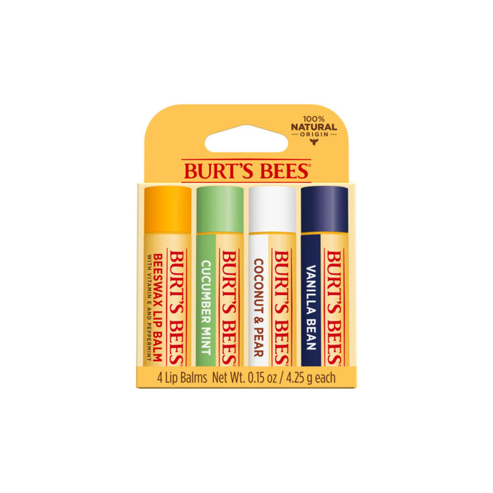 A pack of four Burts Bees lip balms in assorted flavors: beeswax, cucumber mint, coconut & pear, and vanilla bean, in a yellow package labeled 100% natural origin.