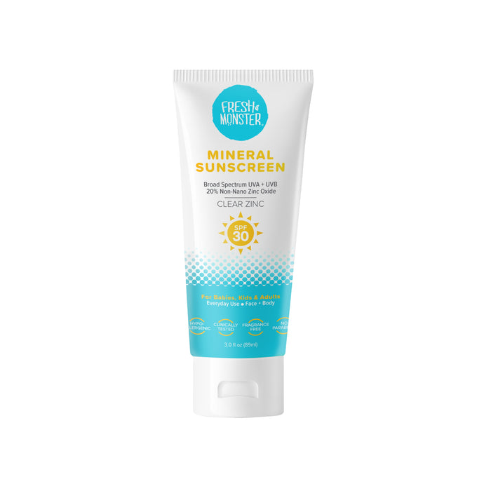 A 3 fl oz (89 mL) tube of Fresh Monster Kids Clear Zinc Daily Sunscreen Lotion SPF 30, gentle for babies, kids, and adults—white packaging with blue and yellow accents. Includes a free gift.