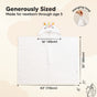 Hooded white towel with a unicorn design for kids, shown flat with measurements: 16 (40cm) hood width, 32 (80cm) height, and 43 (110cm) width. Inset shows a hand holding the towel by a hanging loop.