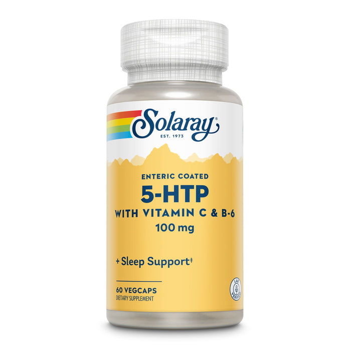 A bottle of Solaray Enteric Coated 5-HTP with Vitamin C & B-6 dietary supplement, 100 mg, labeled for sleep support. The bottle contains 60 vegcaps and has a white and yellow design with a rainbow logo.
