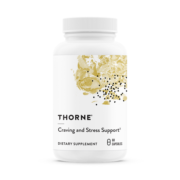 A white bottle of Thorne Craving and Stress Support dietary supplement with a gold abstract design on the label, containing 60 capsules.