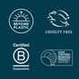 On a blue background, four certification logos for Grove Co.s Daily Shower Cleaner Concentrate are highlighted: Beyond Plastic for plastic waste reduction, Cruelty Free with a stylized animal, Certified B Corporation, and USDA Certified Biobased Product, noting its 89% plant-based formula.