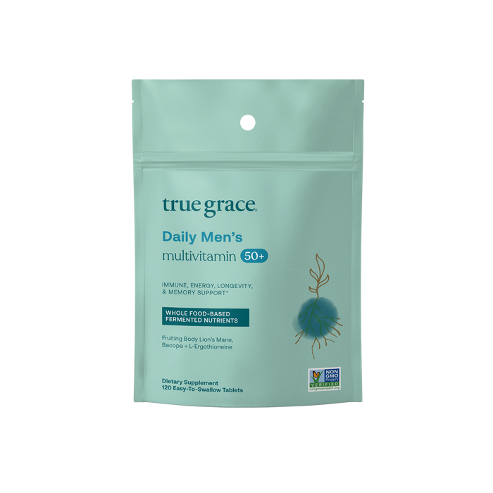 A teal resealable pouch labeled true grace Daily Mens multivitamin 50+ for immune, energy, longevity, and memory support, featuring whole food-based fermented nutrients. The pouch contains 120 tablets.