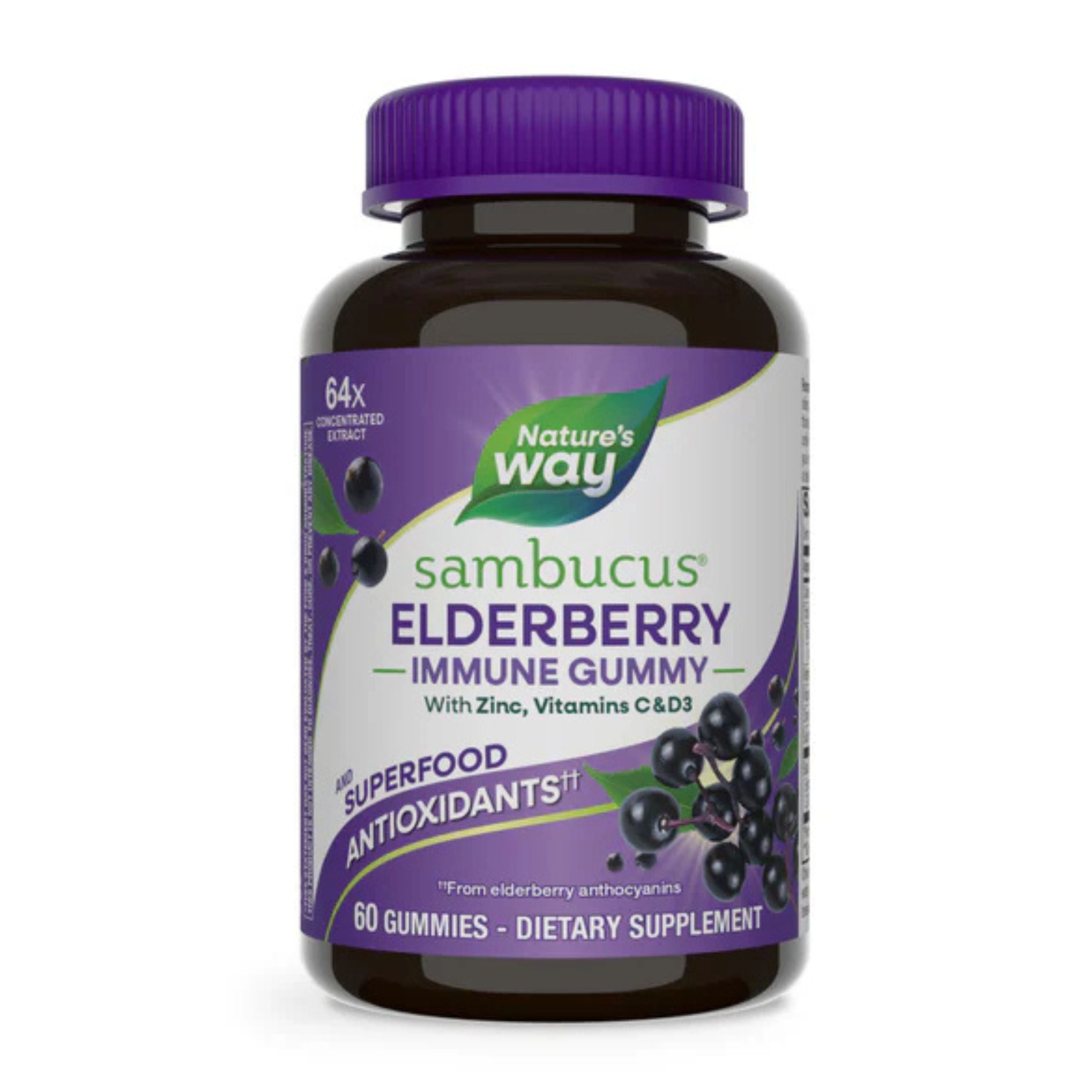 A bottle of Nature’s Way Sambucus Elderberry Immune Gummies with zinc, vitamins C & D3. The purple label notes Superfood Antioxidants and contains 60 gummies. Elderberries are pictured on the label.