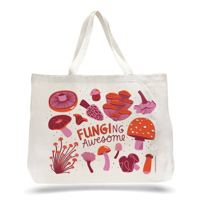 A white tote bag with illustrations of various colorful mushrooms and the words Funging Awesome in playful lettering on the front.