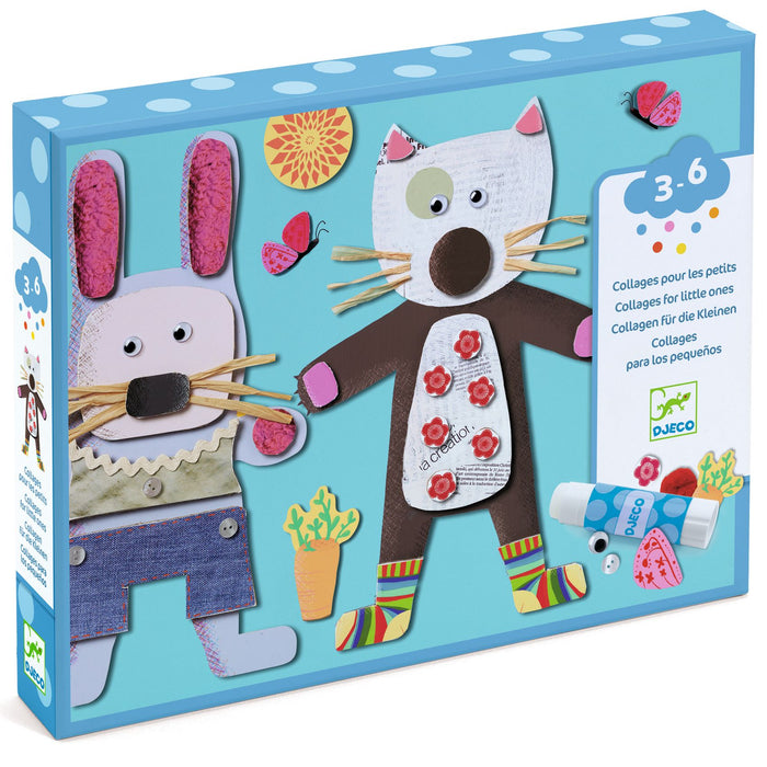 A colorful craft kit box featuring a collage of a bunny and a cat made from various textured materials, with craft supplies like glue sticks shown. The box is labeled for ages 3–6 and includes multilingual text.