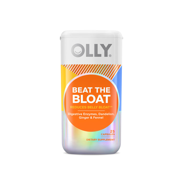 Olly Beat the Bloat dietary supplement bottle with 25 capsules. The label highlights digestive enzymes, dandelion, ginger, and fennel for reducing belly bloat. The packaging features bright colors and bold text.