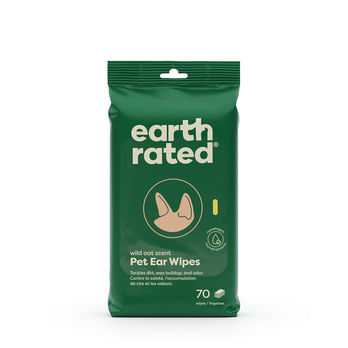 A green package of Earth Rated Pet Ear Wipes, wild oat scent, featuring an illustration of a dogs ear. The pack contains 70 wipes and mentions it tackles dirt, wax buildup, and odor.