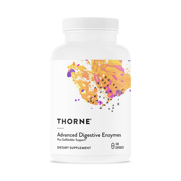 A white bottle of Thorne Advanced Digestive Enzymes dietary supplement with an abstract orange and purple design on the label and text indicating it contains 180 capsules.