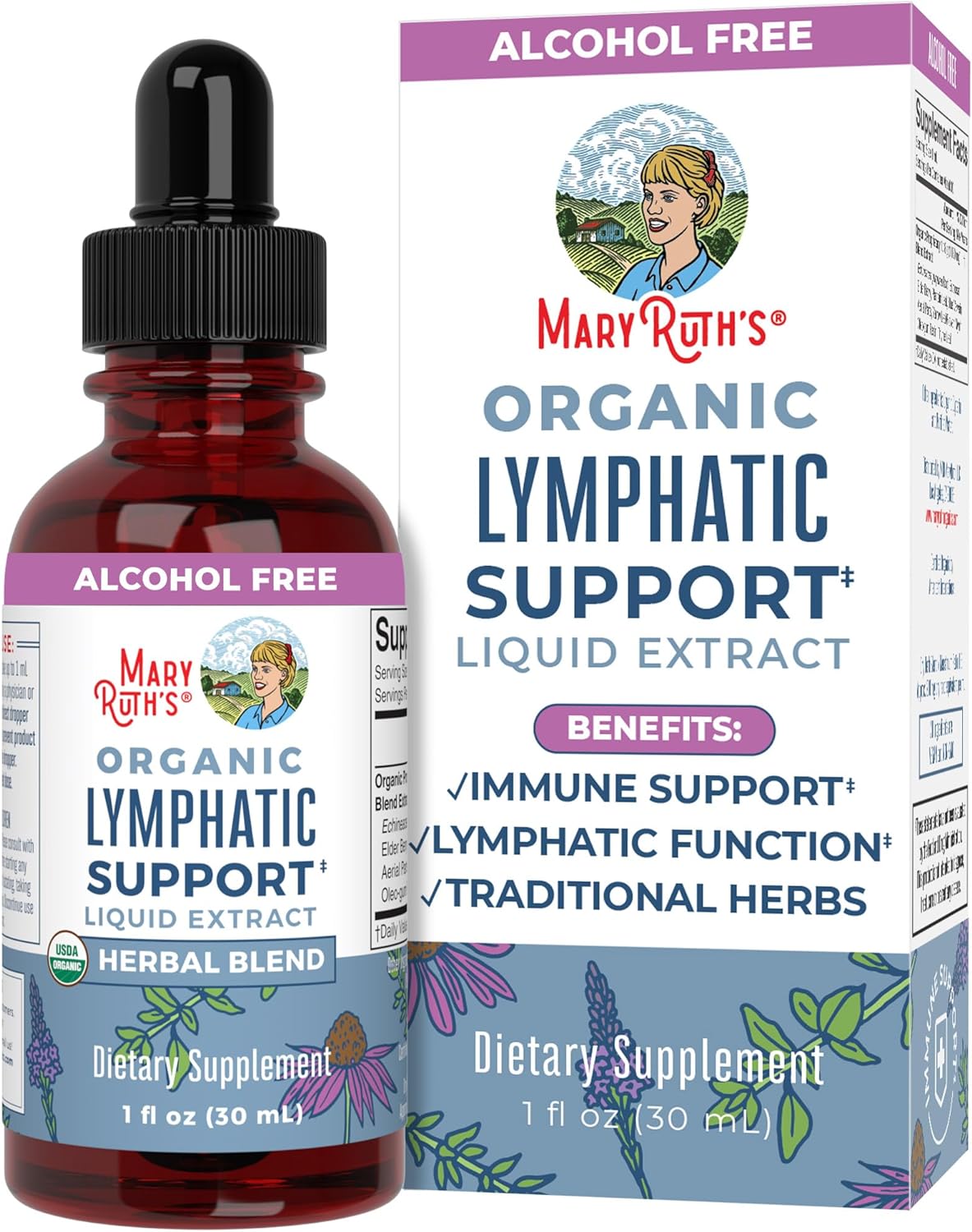 MaryRuths Lymphatic Cleanse Liquid Drops come in a botanically illustrated bottle and box. This alcohol-free supplement, made with a unique herbal blend, supports immune and lymphatic system functions.