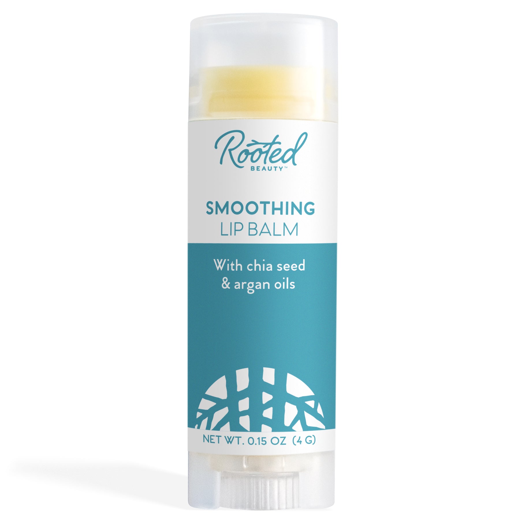 The Rooted Beauty Smoothing Lip Balm features organic chia seed and argan oils, comes in sleek white packaging with teal and a subtle leaf design, and weighs 0.15 oz (4g). Its branded as 100% Organic and Mint flavored.