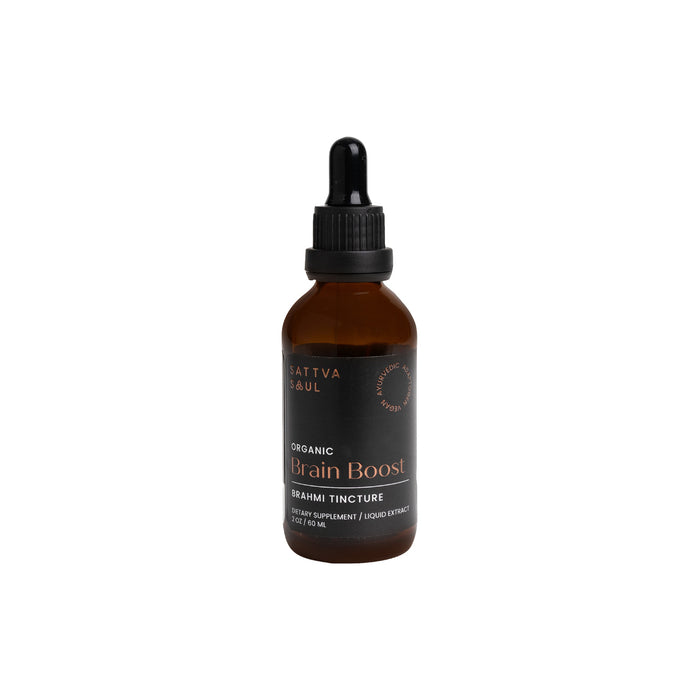 A brown glass dropper bottle labeled Sattva Soul Organic Brain Boost Brahmi Tincture with a black cap and dropper, isolated on a white background.
