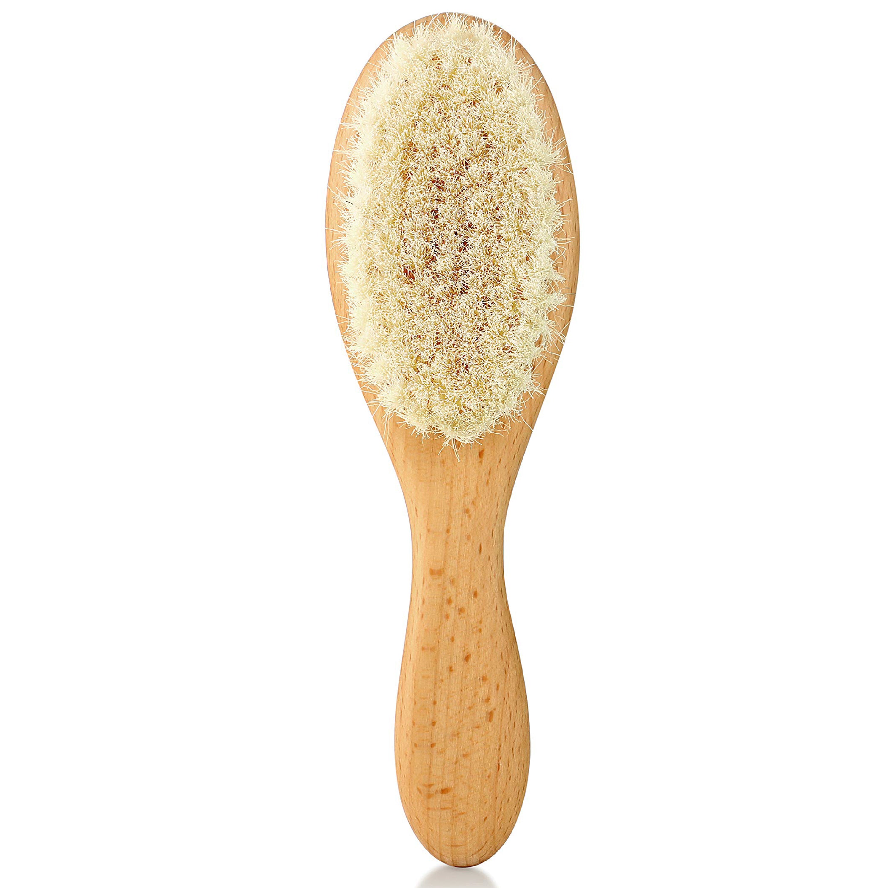 The Wooden Baby Hair Brush by Natemia, shown from a top view on a white background, features dense natural bristles crafted from wood. Ideal as a gentle cradle cap brush.