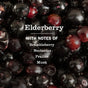 Close-up of shiny, dark purple elderberries. Overlaid text reads: Mrs. Meyer's Hand Soap—elderberry with hints of brambleberry, nectarine, praline & musk. Garden-inspired scents crafted with essential oils.