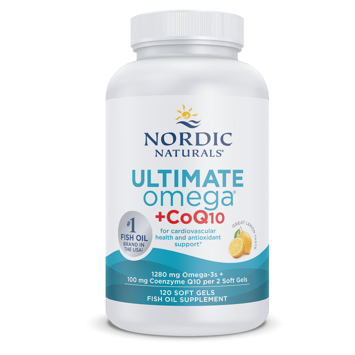 A white bottle of Nordic Naturals Ultimate Omega + CoQ10 fish oil supplement, featuring blue and red text, a lemon slice image, and details about omega-3 and CoQ10 content. Contains 120 soft gels.