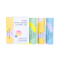 Three colorful tubes of lip balm (Peppermint, Orange, Eucalyptus) stand beside a white and yellow box labeled “Fresh Butter Spread Lip Balm Trio” by butter & me, against a white background.