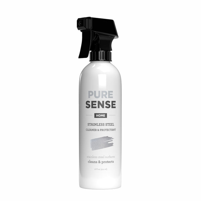 A white spray bottle labeled Pure Sense Home Stainless Steel Cleaner & Protectant with a black spray nozzle, designed for cleaning and protecting stainless steel surfaces.