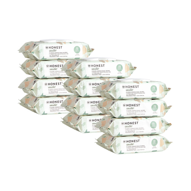 Ten packs of Grove Collaborative baby-wipes are stacked in two columns. The packaging is mainly white with green accents. Each pack contains 72 wipes and features a floral design.