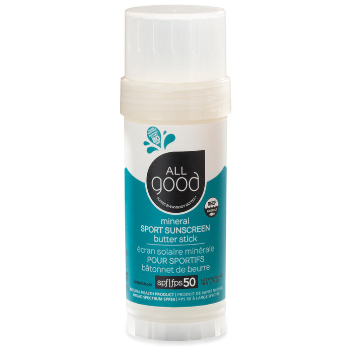 A white and teal stick labeled All Good Mineral Sport Sunscreen Butter Stick SPF 50, designed for sport use, with bilingual English and French text and a transparent cap.