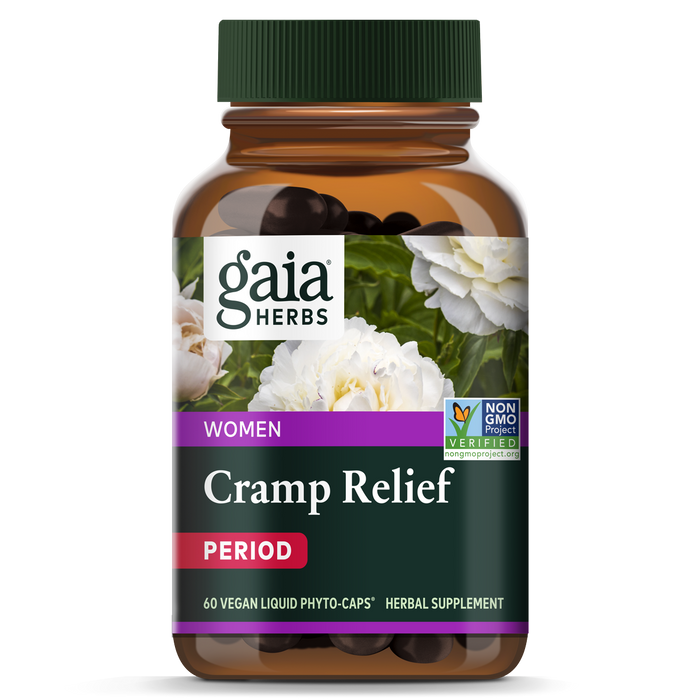 A bottle of Gaia Herbs Cramp Relief supplements for women, featuring a floral label design and indicating 60 vegan liquid phyto-caps for period cramp relief.