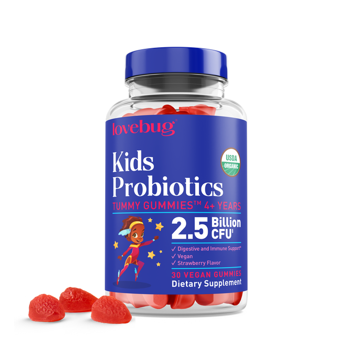A bottle of Lovebug Kids Probiotics Tummy Gummies with a blue label showing 2.5 Billion CFU, USDA Organic seal, and images of red gummies beside the bottle. The label also mentions vegan, strawberry flavor, and immune support.