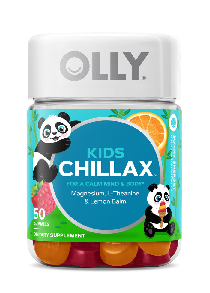 A bottle of OLLY Kids Chillax dietary supplement gummies, featuring a cartoon panda, colorful gummies, citrus slices, and product details about magnesium, L-theanine, and lemon balm for a calm mind and body.