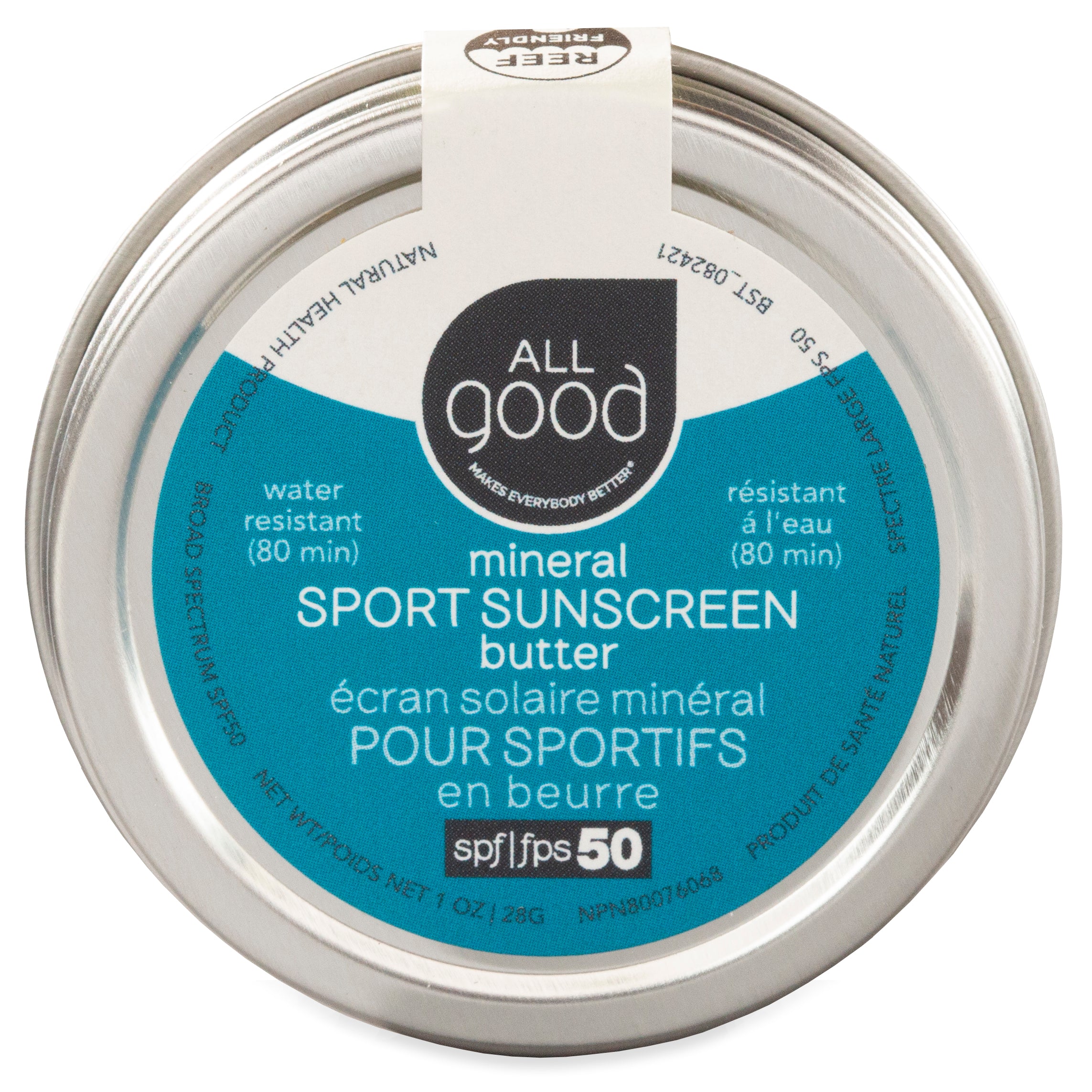 A round metal tin of All Goods Mineral Sun Butter with SPF 50. The label, featuring English and French text, highlights its reef-friendly formula and water resistance for up to 80 minutes.