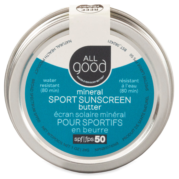 A round silver tin of All Good mineral sport sunscreen butter SPF 50, labeled as water resistant for 80 minutes, with English and French text on the lid.