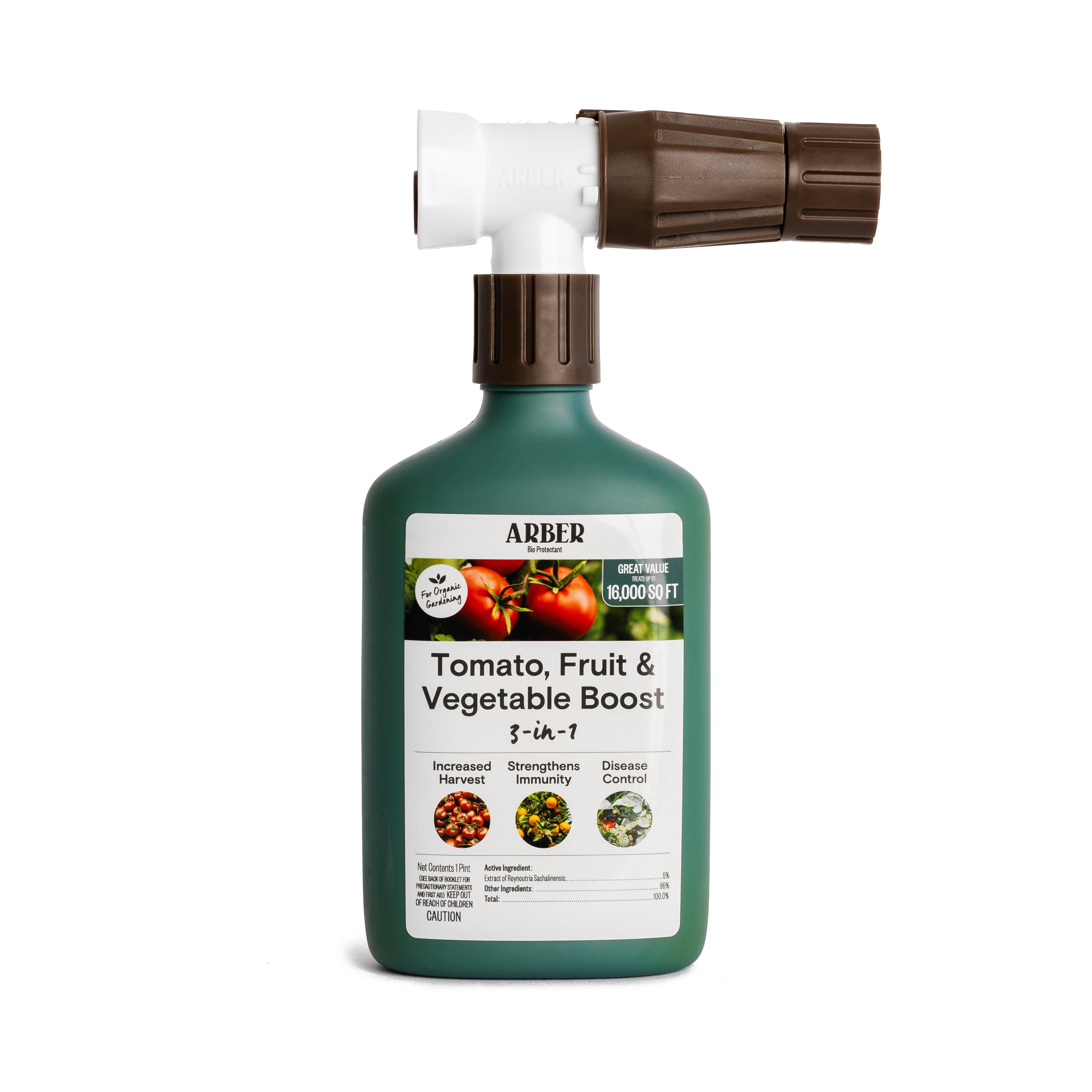 The green bottle of Arbers Organic Tomato, Fruit & Vegetables 3-in-1 Boost RTS includes a spray nozzle and promises increased harvests, strengthened plant immunity, and disease control. Ideal for plants!.