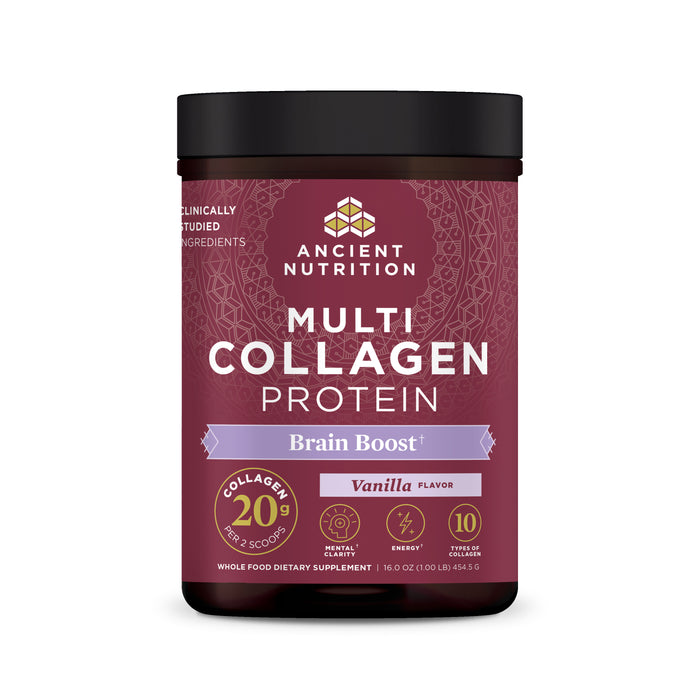 A container of Ancient Nutrition Multi Collagen Protein Brain Boost in vanilla flavor, featuring a maroon label with gold accents and details on collagen content, benefits, and weight (16 oz/454.5g).
