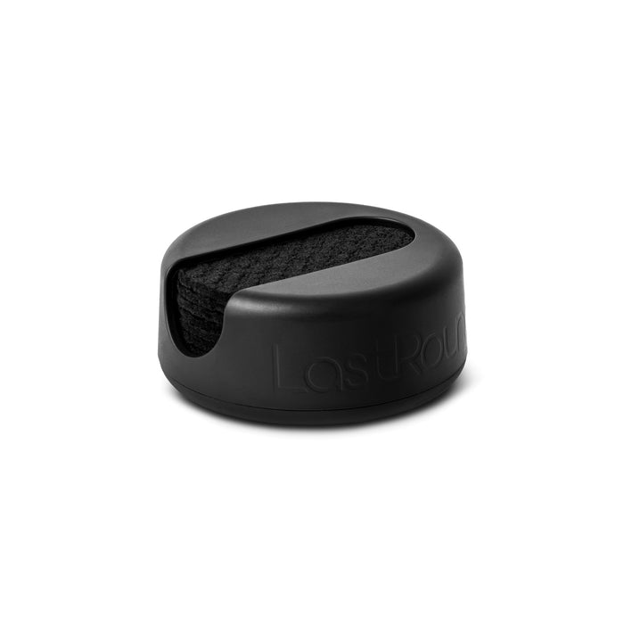 A black round container with an opening, showing stacked black reusable pads inside. The word LastRound is embossed on the side of the container. The background is plain white.
